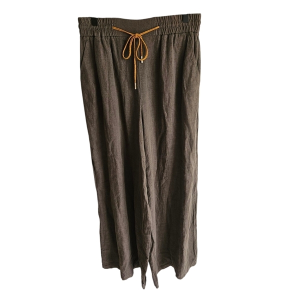 Momoni Neutral Army Green 100% Linen Wide Leg Pull On Pants - Picture 4 of 15